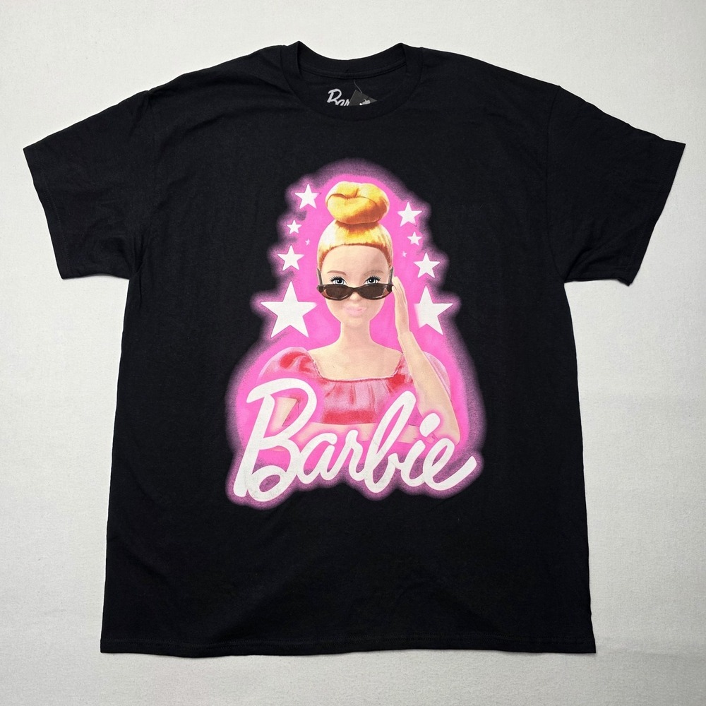 Barbie wearing Sunglasses Neon Pink  Black T-shirt‎ Women's Sz L NWT